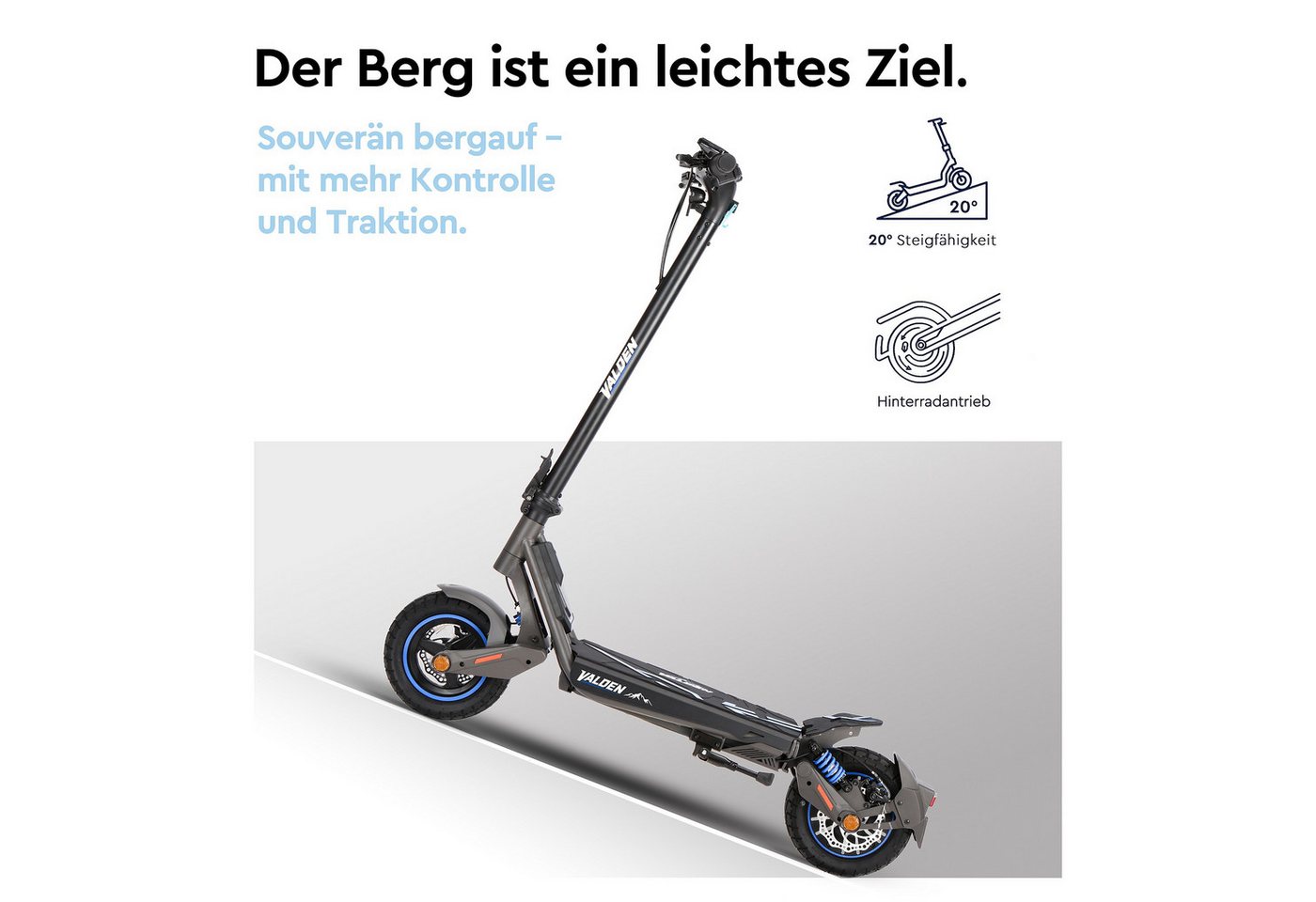 Valden E-Scooter GT mit Straßenzulassung 500 W 60 km Blinker pannensicher NFC Lock, 500 W, 20 km/h, 1000W Spitzenleistung, Vollfederung, 140 kg Tragkraft Bild 2