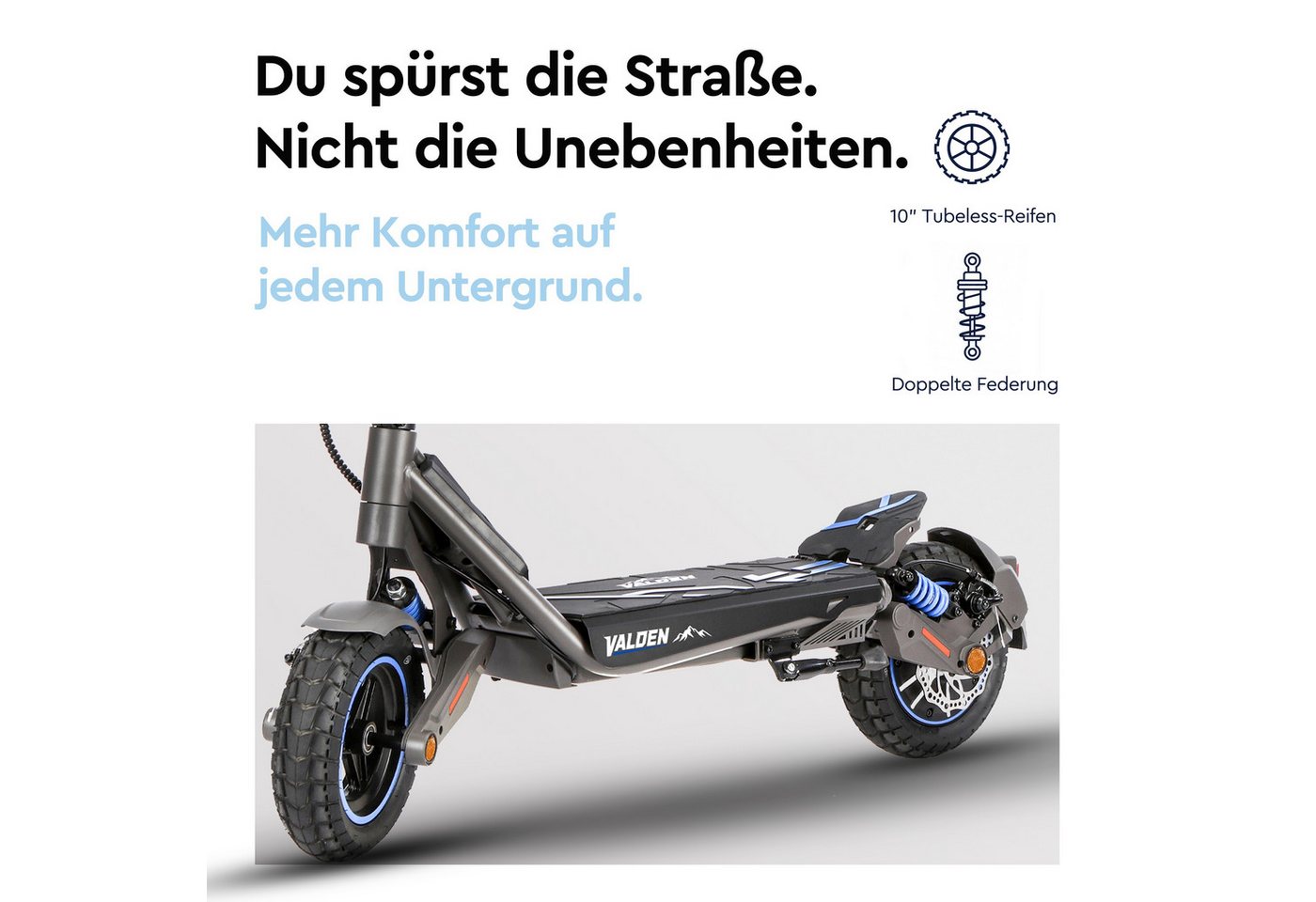 Valden E-Scooter GT mit Straßenzulassung 500 W 60 km Blinker pannensicher NFC Lock, 500 W, 20 km/h, 1000W Spitzenleistung, Vollfederung, 140 kg Tragkraft Bild 3
