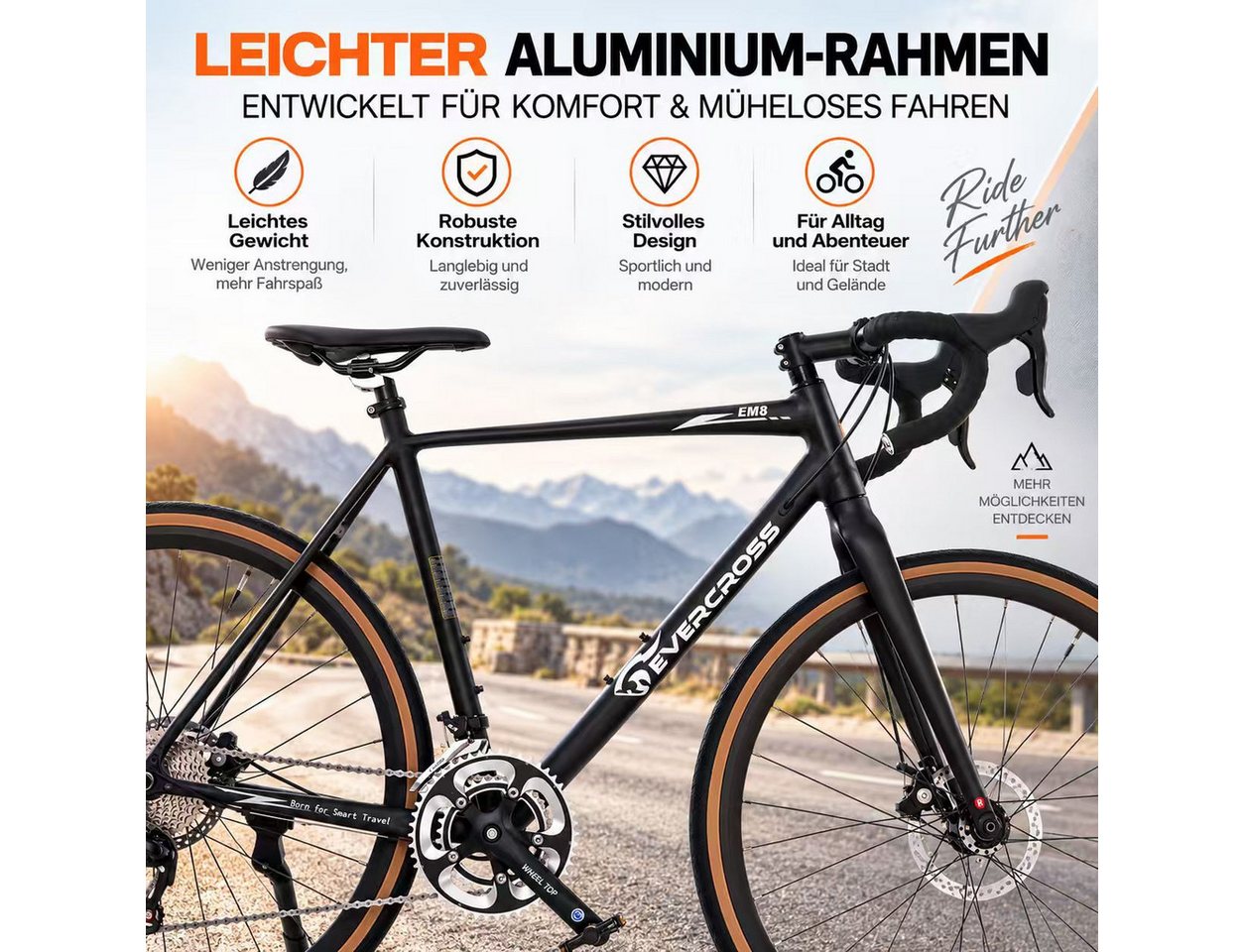 EVERCROSS TECH Rennrad EM8, 700C, Alu Gravelbike 16 Gang-Schaltung, Damen, Herren, 16 Gang, Kettenschaltung, Felgenbremse, Gewicht nur 12 kg Bild 2