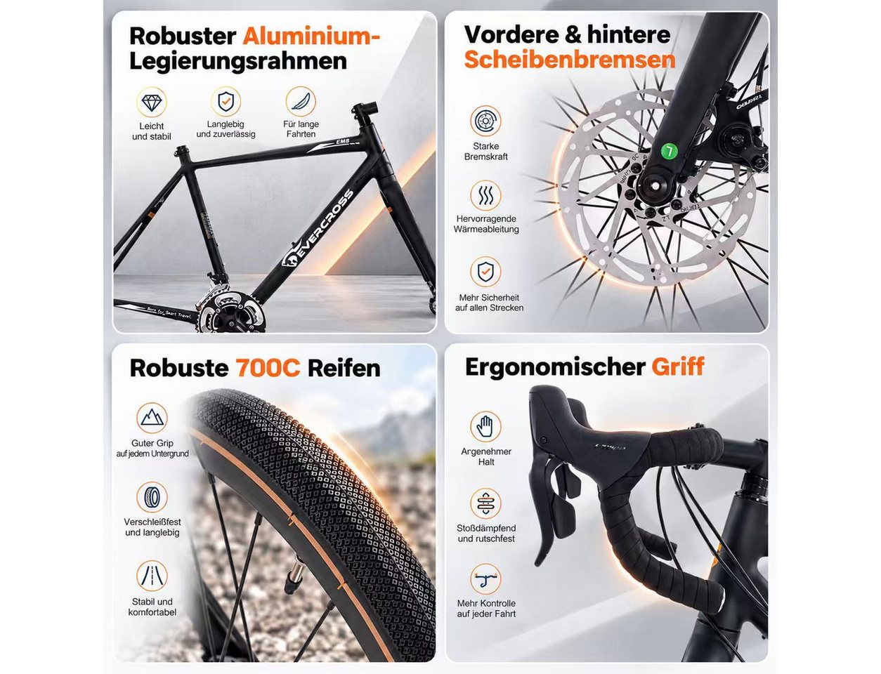 EVERCROSS TECH Rennrad EM8, 700C, Alu Gravelbike 16 Gang-Schaltung, Damen, Herren, 16 Gang, Kettenschaltung, Felgenbremse, Gewicht nur 12 kg Bild 4