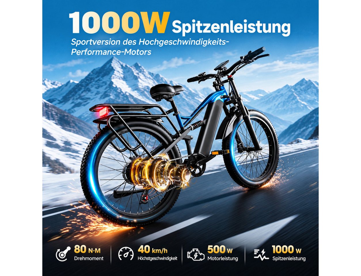 OOTD E-Bike Fatbike 26"*3.0 elektrobike, 48V 20Ah Akku bis 150 km, 500W Motor, 80 Nm, (1 tlg)