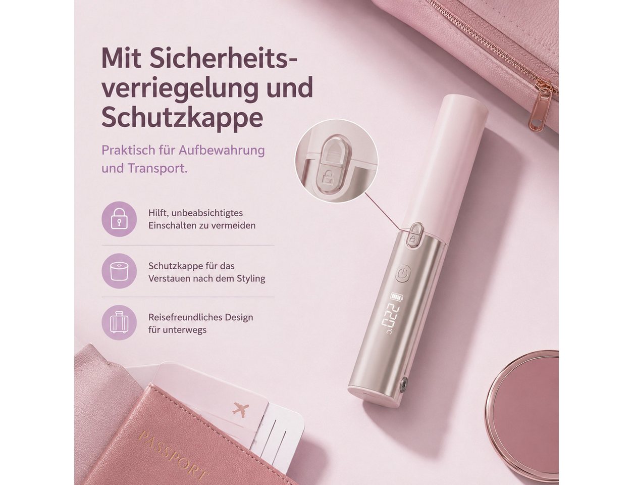 ibettertec Mini-Reiseglätteisen Kabelloser Haarglätter 2-in-1 - Glätteisen & Lockenstab, 3000mAh, Mini Tragbarer Reise Haarglätter,Akku, 3 Temperaturstufen und Schnellheizung, für alle Haartypen geeignet