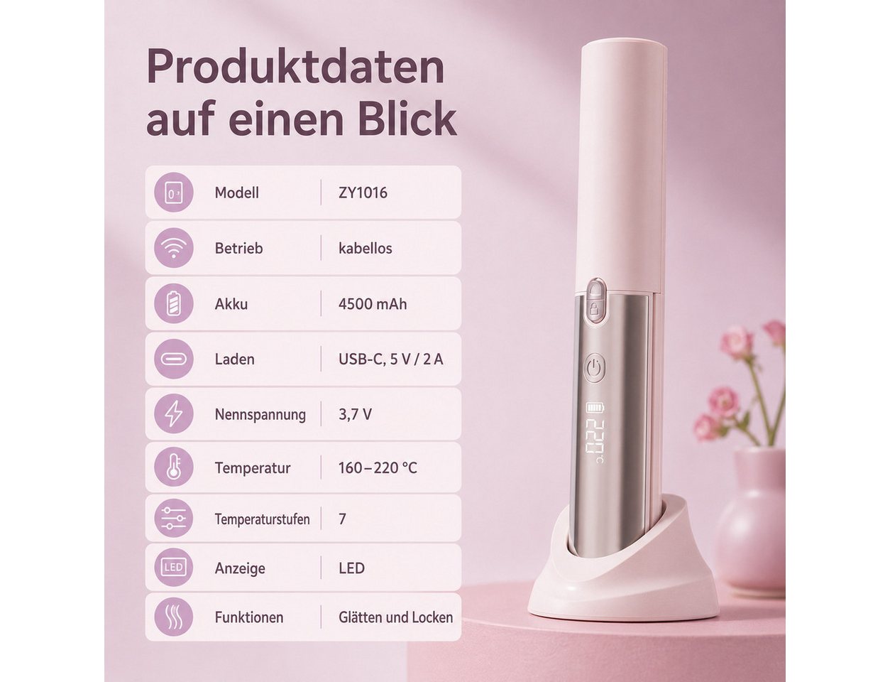 ibettertec Mini-Reiseglätteisen Kabelloser Haarglätter 2-in-1 - Glätteisen & Lockenstab, 3000mAh, Mini Tragbarer Reise Haarglätter,Akku, 3 Temperaturstufen und Schnellheizung, für alle Haartypen geeignet Bild 5