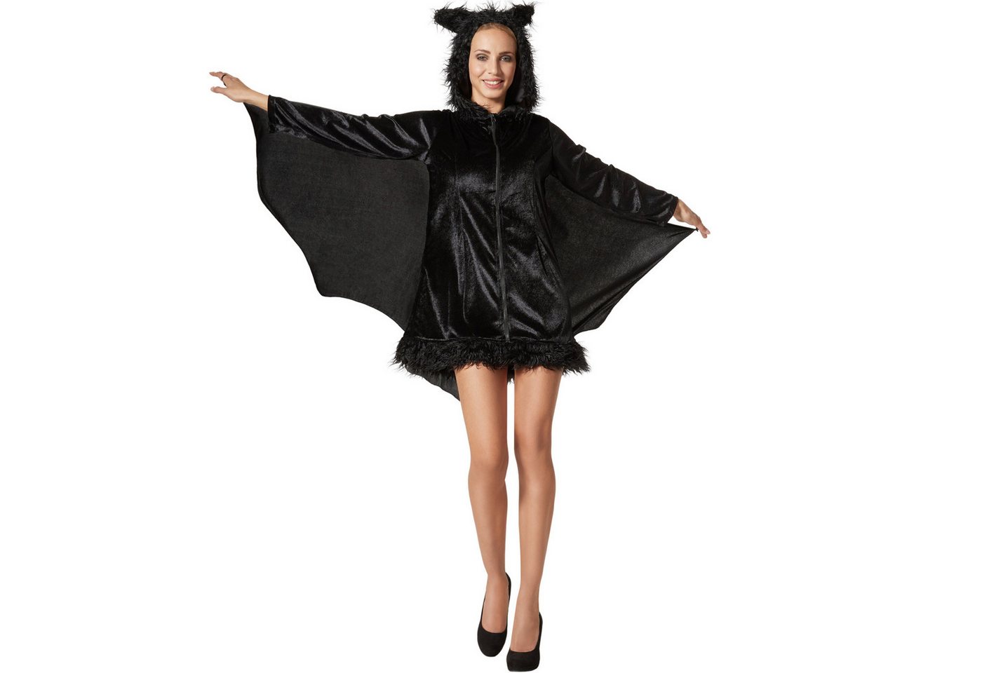 dressforfun Kostüm Fledermaus/Nachttier, Gr. S, Mit Handschlaufen und Reißverschluss, in schwarz, Schwarzes Kleid mit integrierten Fledermausflügeln Bild 3
