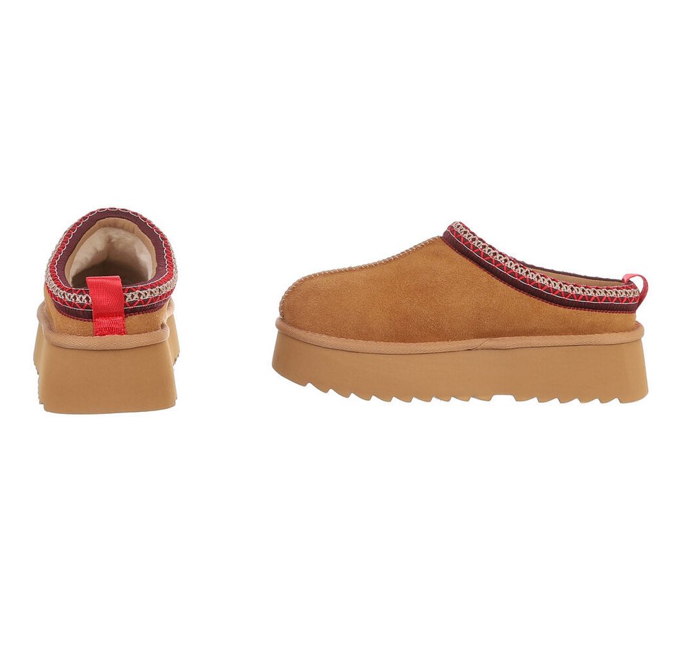 Ital-Design Echtleder Damen Slip-on Plateau Clog mit Profilsohle Snowboots (92392430) Flach Stiefeletten in Camel