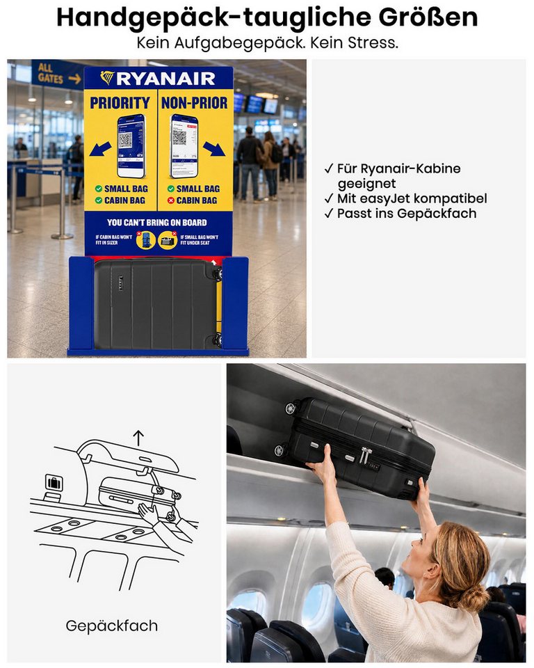 KONO Hartschalen-Trolley, ABS+PC, 4 Doppelrollen, TSA‑Zahlenschloss geeignet für Ryanair Bild 5