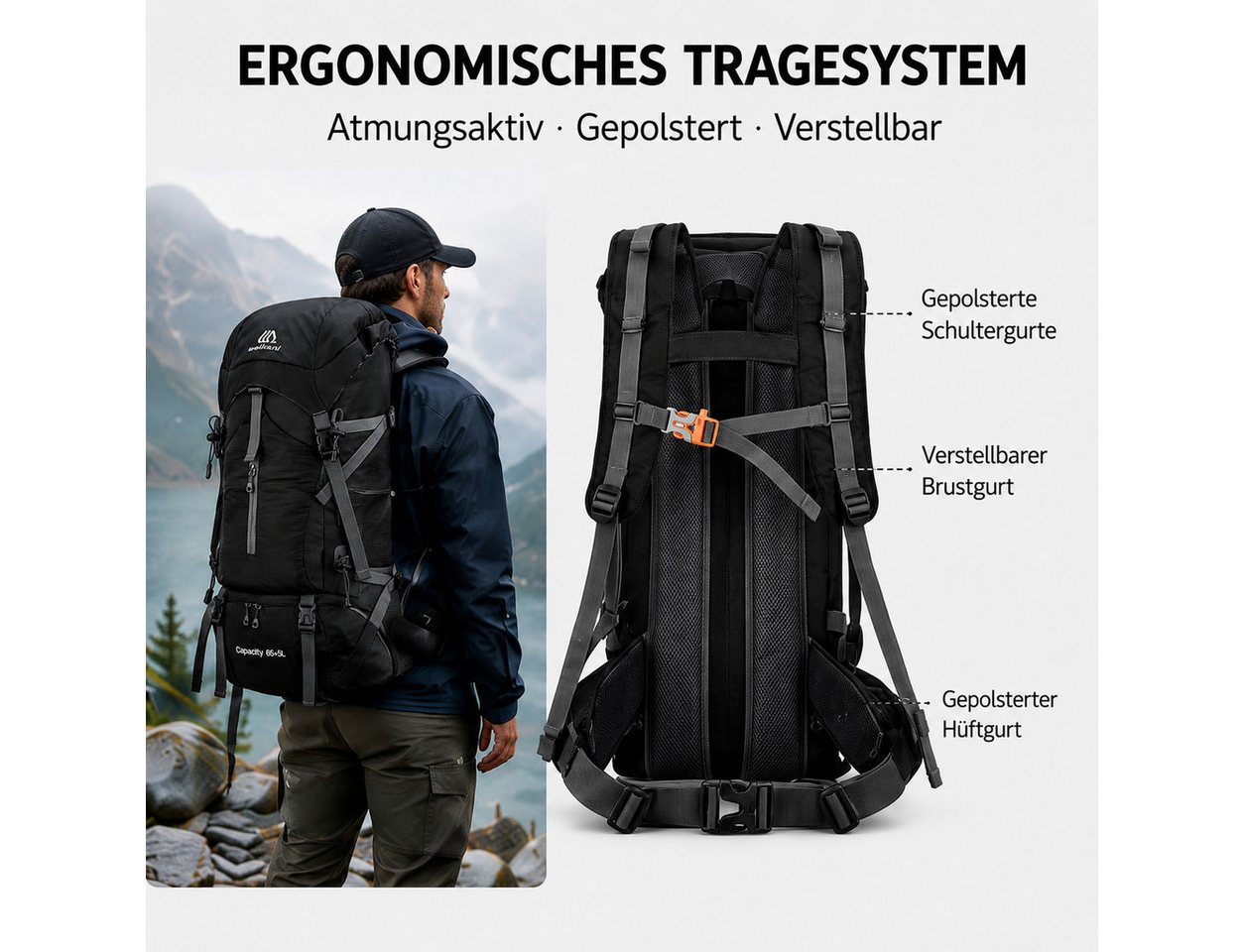 Fyrove Tourenrucksack Wanderrucksack 70L mit Regenhülle, Schuhfach & Hüftgur, 70 L, Schuhfach, atmungsaktiver Rücken, Regenhülle, Hüftgurt Bild 4