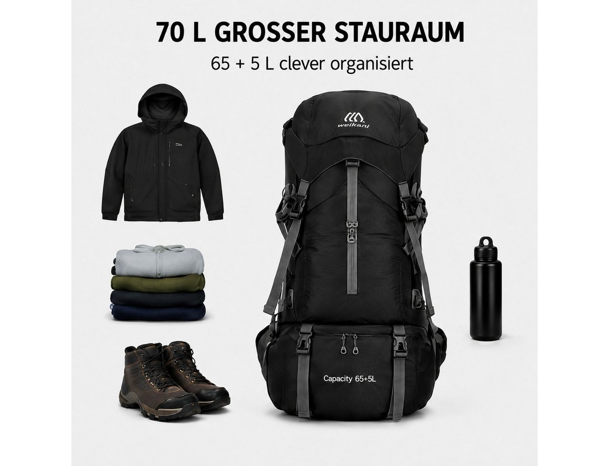 Fyrove Tourenrucksack Wanderrucksack 70L mit Regenhülle, Schuhfach & Hüftgur, 70 L, Schuhfach, atmungsaktiver Rücken, Regenhülle, Hüftgurt Bild 5