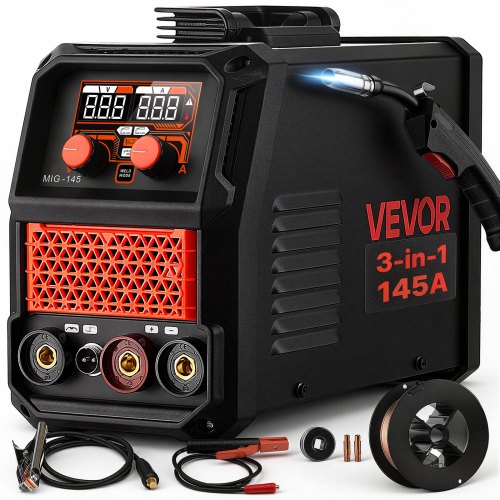 VEVOR 145A MIG-Schweißgerät 3-in-1 Lift-TIG/ Gaslos-Fülldraht/MMA-Schweißen, Trgabare Schweißmaschine für Werkstatt Garage Heimwerker, IGBT-Inverter, Synergiesteuerung, Digitalanzeige, Überlastschutz
