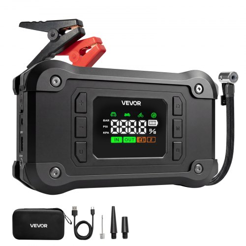VEVOR Starthilfe Powerbank mit Luftkompressor 8000 A Spitzenleistung Schwarz für 9,0-L-Benzin- / 8,0-L-Dieselmotoren, 150 psi Reifendruck, Automatische Abschaltung, 12-V-Ladegerät und LED-Taschenlampe