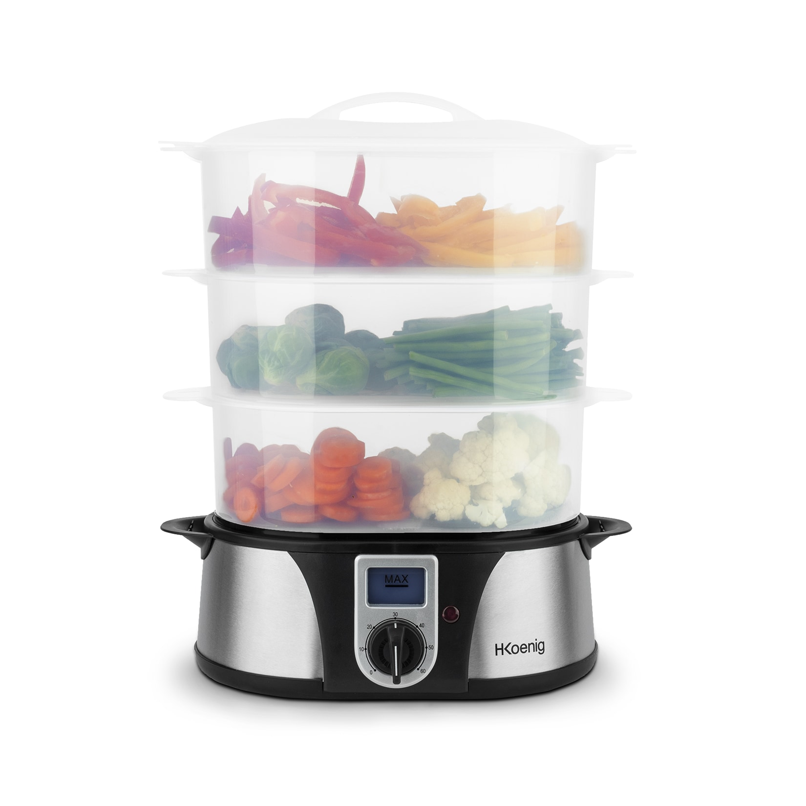H.Koenig VAP12 Dampfgarer / 3 Garschüssel / 12 L Fassungsvermögen / Timer / 1000 W / LCD-Anzeige / Edelstahl / schwarz