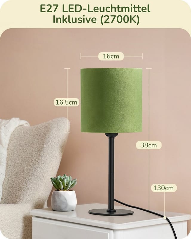 Edishine Nachttischlampe, Moderne Tischlampe Mit Schwarzem Metallsockel Und Grünem Samt-lampenschirm, Inkl. 2700k Led Leuchtmittel, E27 Tischleuchte Für Wohnzimmer, Schlafzimmer & Büro, 38cm
