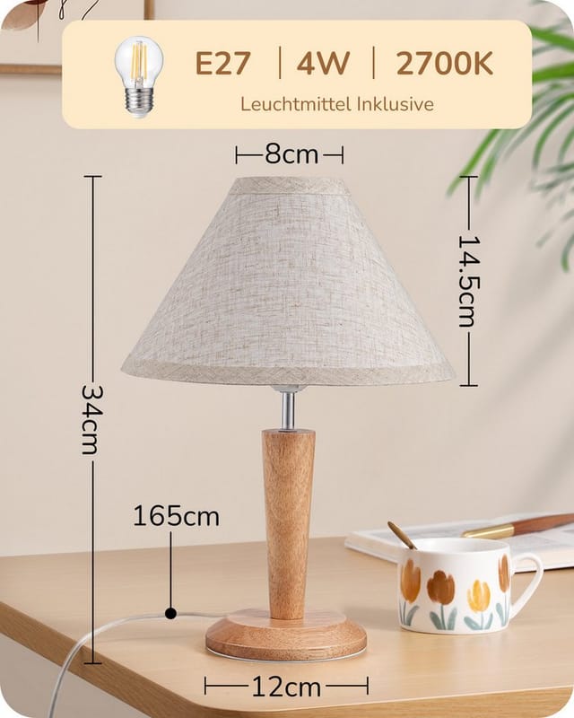 Edishine Tischlampe Aus Holz, Led Nachttischlampe Mit Lampenschirm Aus Leinen, E27 Fassung, 2700k Vintage Tischleuchte Für Wohnzimmer, Schlafzimmer & Büro, Inkl. 4w Leuchtmittel, 34cm
