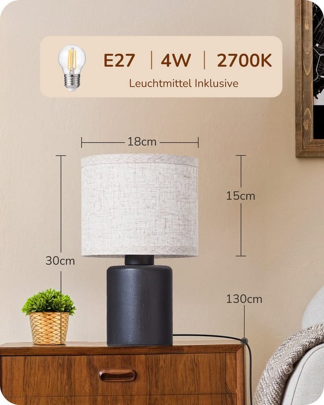 Edishine Tischlampe Holz, Led Nachttischlampe Mit Schwarzem Massivholzsockel & Sandfarbenem Leinen-lampenschirm, E27 Kompatibel, Höhe 30 Cm, Inkl. 4w Led-leuchtmittel
