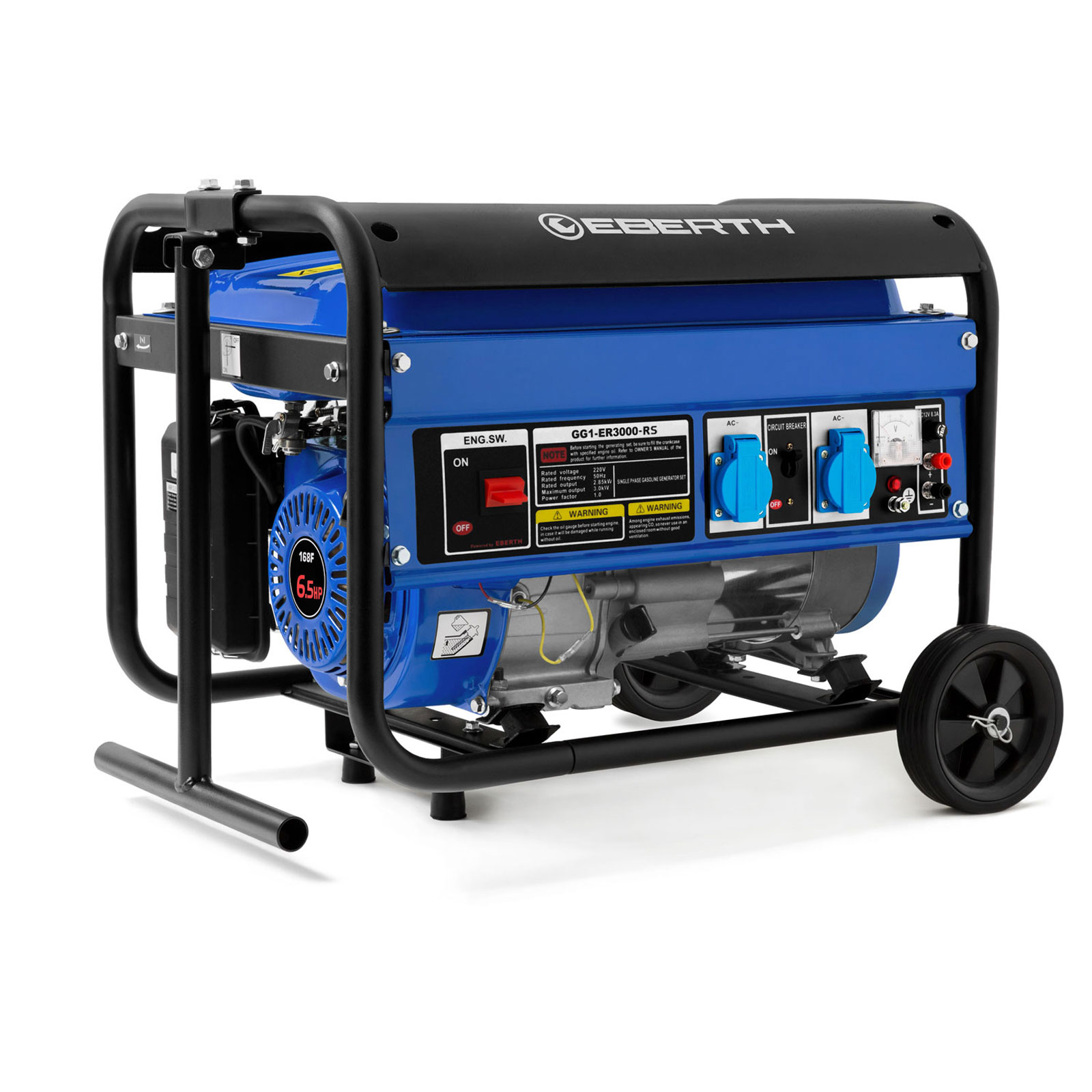 3000 Watt Notstromaggregat Stromerzeuger Stromaggregat Mit Fahrwerk, 6,5 Ps Benzinmotor, 4-takt, 1-phase, 2x 230v, 1x 12v, Automatischer Voltregler Avr, Ölmangelsicherung, Tankanzeige - Eberth