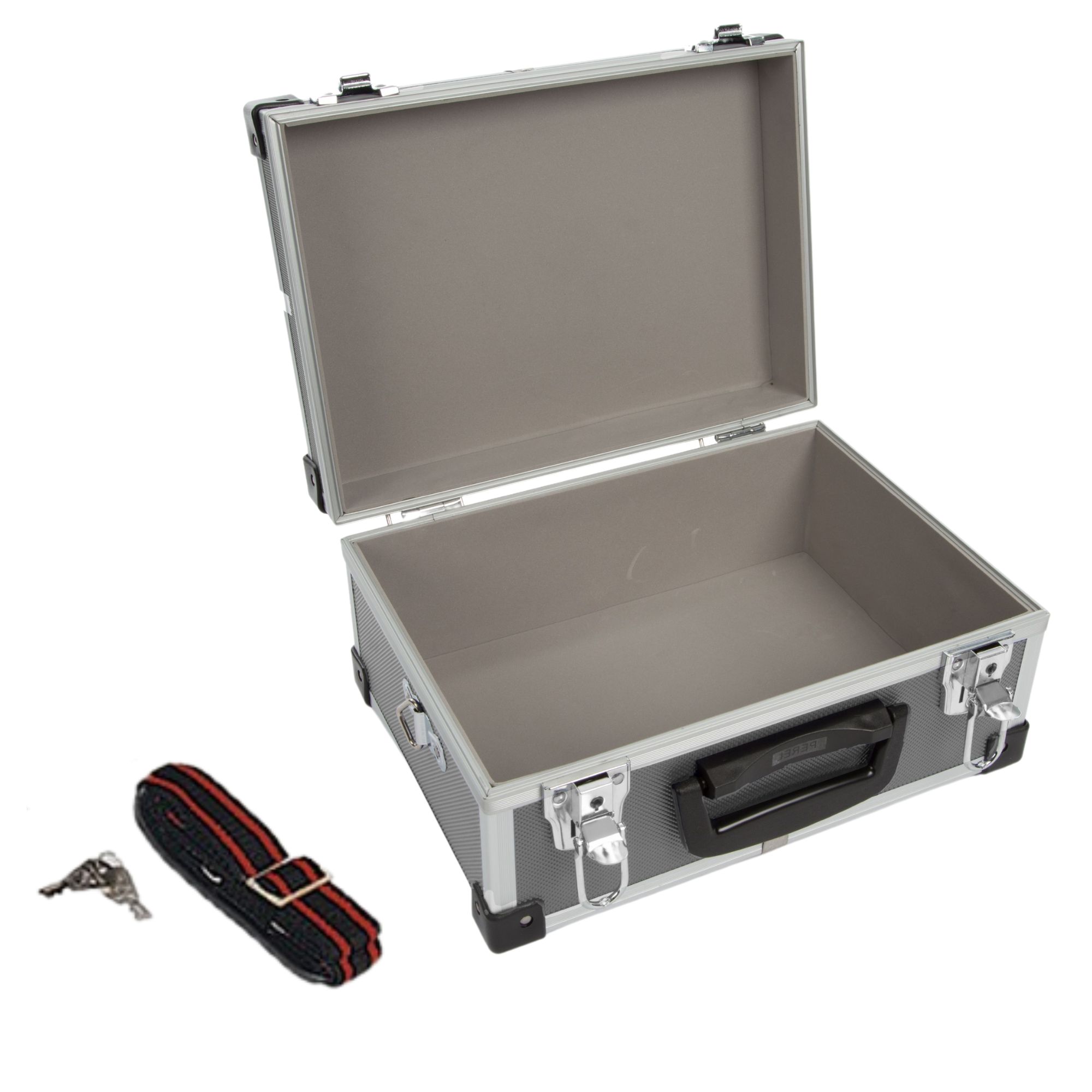 Perel Grauer Aluminium Werkzeugkoffer 320 X 230 X 155 Mm Mit Schlüsselschloss (2 Schlüssel) Und Schultergurt, Transportkoffer Hardcase Für Werkzeug, Laptop Und Kamera