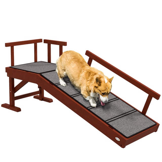 Hunderampe, Abnehmbare Geländer, Rutschfest, Holz, Bis 30 Kg, 125x40x56cm, Braun/grau
