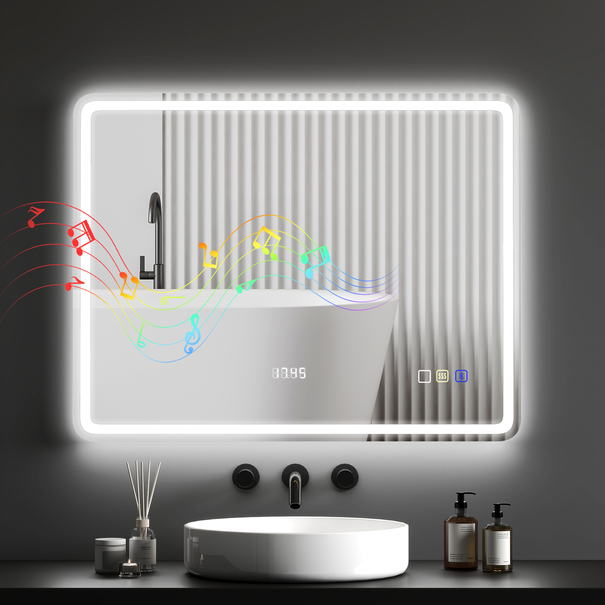 Badezimmerspiegel Mit Led-beleuchtung, Anti-beschlags-pad, 3 Verstellbare Farben, Uhr, 700 X 900 Mm, Silberfarben
