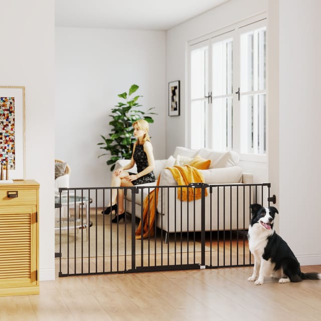 Pawhut Absperrgitter Hund Freistehendes Verstellbares Schutzgitter 202,5 X 76 Cm Hundegitter Klappbar Türschutzgitter Hundeabsperrgitter Für Treppen, Türen, Küche, Flur, 3 Paneelen, Schwarz