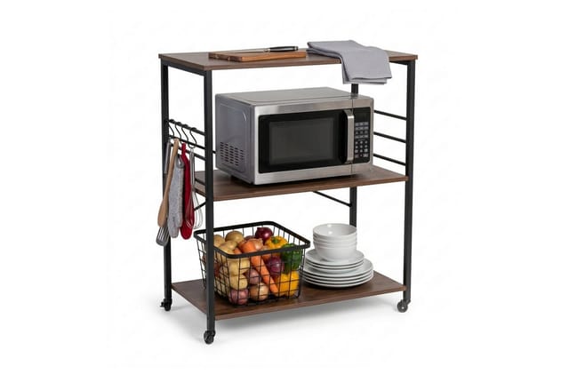 Relaxdays Küchenrollwagen, 3 Ablagen, 6 S-haken, Hxbxt: 89x80x40 Cm, Mdf & Stahl, Industrial Servierwagen, Braun/schwarz