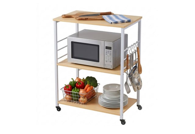 Relaxdays Küchenrollwagen, 3 Ablagen, 6 S-haken, Hxbxt: 89 X 60 X 40 Cm, Mdf & Stahl, Küche, Servierwagen, Natur/weiß