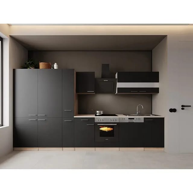 Einbauküche Küchenzeile Eiche Sägerau Schwarz Merle 370 Cm French Door Respekta