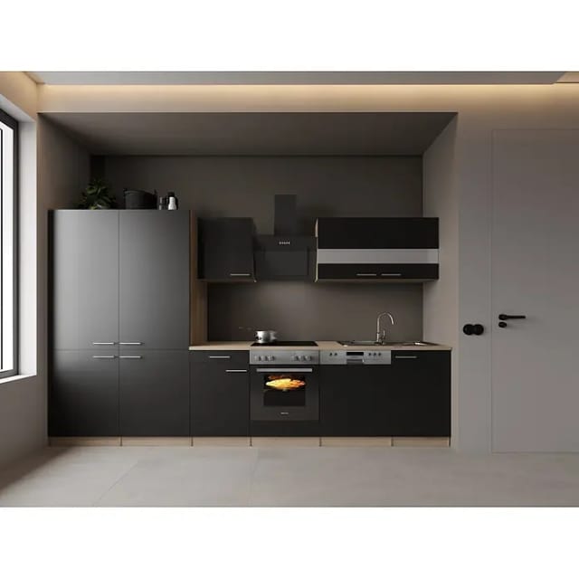 Einbauküche Küchenzeile Eiche Sägerau Schwarz Merle 340 Cm French Door Respekta