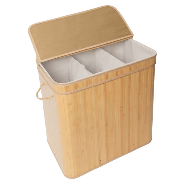 Relaxdays Wäschekorb Mit Deckel, Bambus, 150 L, 3 Fächer, Hxbxt: 61,5 X 61 X 41,5 Cm, Badezimmer Wäschetruhe, Natur