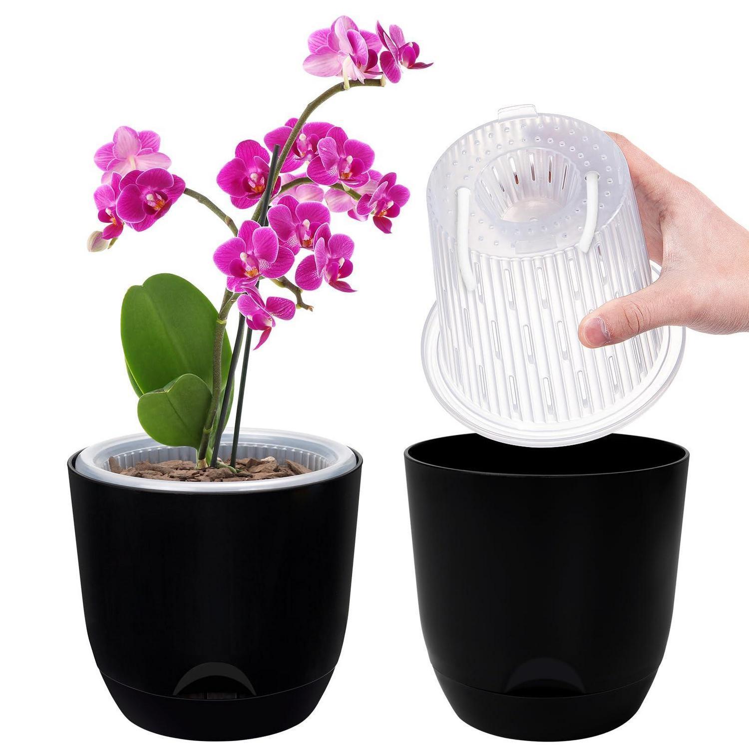 2er-set Orchideentopf Mit Selbstbewässerungssystem, 14,7 Cm, Schwarz