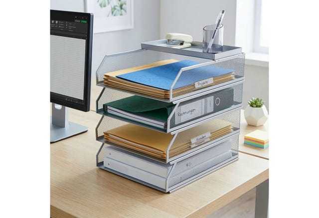 Relaxdays Briefablage, Metall, A4, 4 Fächer, Hxbxt: 31 X 25 X 32 Cm, Schreibtisch Organizer, Büro Ablagefächer, Silber