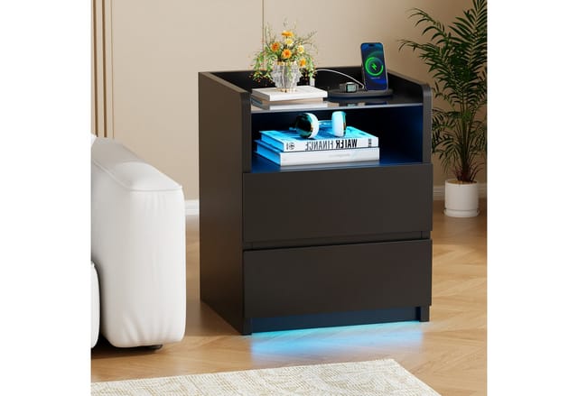 Nachttische, 2er-set, Verstellbare Led-beleuchtung, Steckdose Und Usb-anschluss, Schwarz