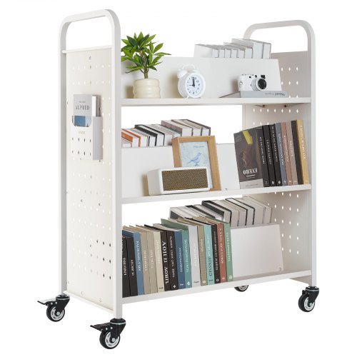 Bücherwagen, 150kg Tragkraft, Bibliothekswagen, 97x51,5x122,5cm, Doppelseitiges W-förmiges Bücherregal Mit Doppelbremsrollen, Bücherregalwagen Für Wohnzimmer, Büro, Schule, Weiß