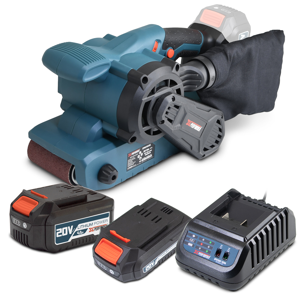 20-v-akku-bandschleifer Mit Bürstenlosem Motor, Geliefert Mit 1 Akku (2 Ah), 1 Akku (4 Ah) Und Einem Schnellladegerät.