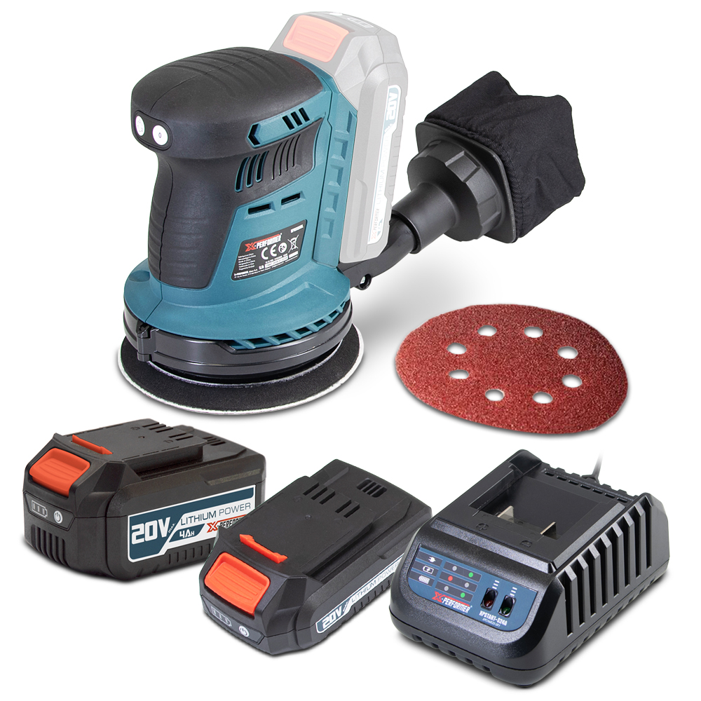 Exzenterschleifer 20 V Max 125 Mm Mit Bürstenlosem Motor, Geliefert Mit 1 Akku (2 Ah), 1 Akku (4 Ah) Und Einem Schnellladegerät.