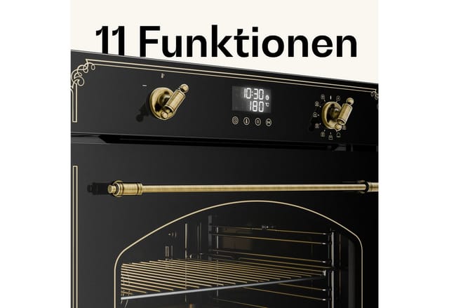 Klarstein Victoria Pyro Einbaubackofen 60 Cm – 76l, Pyrolyse, 11 Funktionen, Retro Design, Energieklasse A, Timer, Einbau Backofen Ohne Kochfeld, Vierfachverglasung, Emaille-innenraum, Schwarz