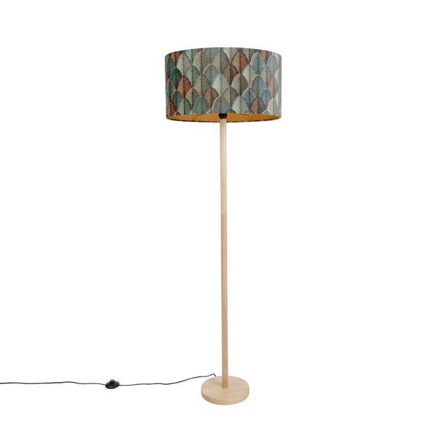 Holz Stehlampe Mit Ovalem Samtschirm Blattdesign 50cm - Mels