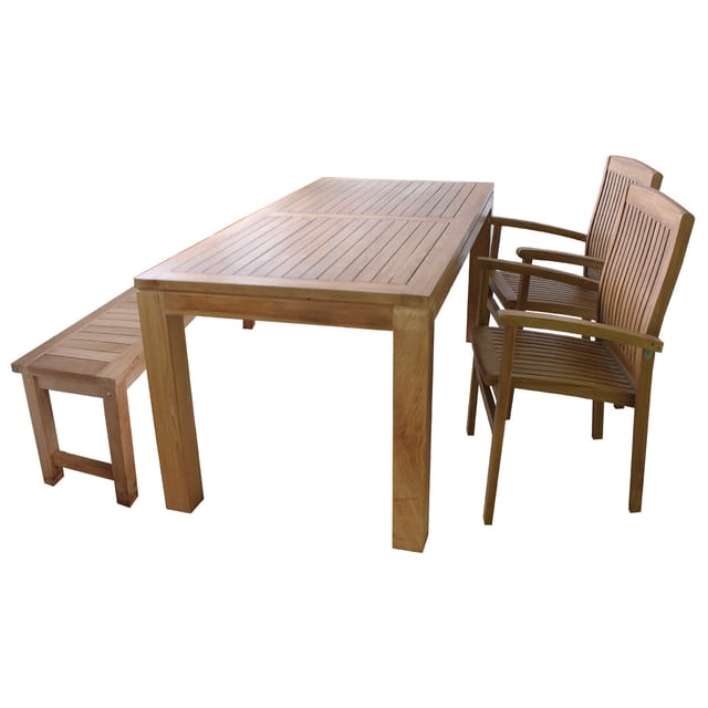 Mojawo - Teakholz Garnitur Tisch 180x90x75 + 1 Bank + 2 Stapelsessel-th030