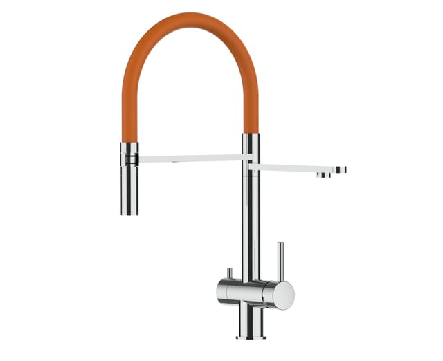 3 Wege Wasserhahn Edelstahl Massiv Kuechenarmatur Mit Orange 360 Schwenkbarem Auslauf Und Abnehmbare 2 Strahl Handbrause - Edelstahl Gebuerstet