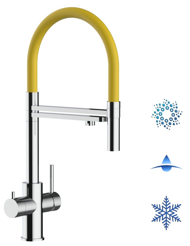 5 Wege Wasserhahn Edelstahl Massiv Kuechenarmatur Mit Gelb 360 Schwenkbarem Auslauf Und Abnehmbare 2 Strahl Handbrause - Edelstahl Hochglanz