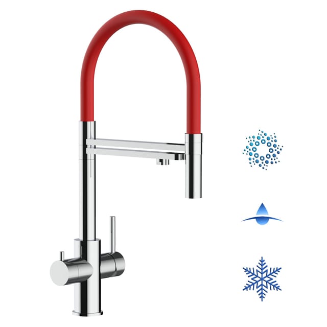 5 Wege Wasserhahn Edelstahl Massiv Kuechenarmatur Mit Rot 360 Schwenkbarem Auslauf Und Abnehmbare 2 Strahl Handbrause - Edelstahl Hochglanz