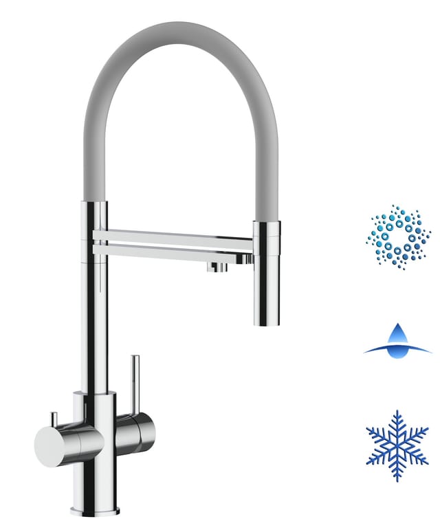 5 Wege Wasserhahn Edelstahl Massiv Kuechenarmatur Mit Grau 360 Schwenkbarem Auslauf Und Abnehmbare 2 Strahl Handbrause - Edelstahl Hochglanz