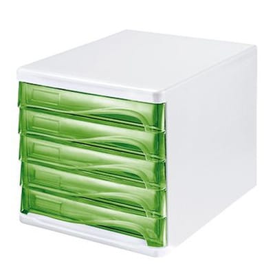 Schubladenbox The Wave 5 Schubladen Din A4 Din C4 Polypropylen/polystyrol Gehäusefarbe: Weiß Farbe Der Schublade: Grün Transparent