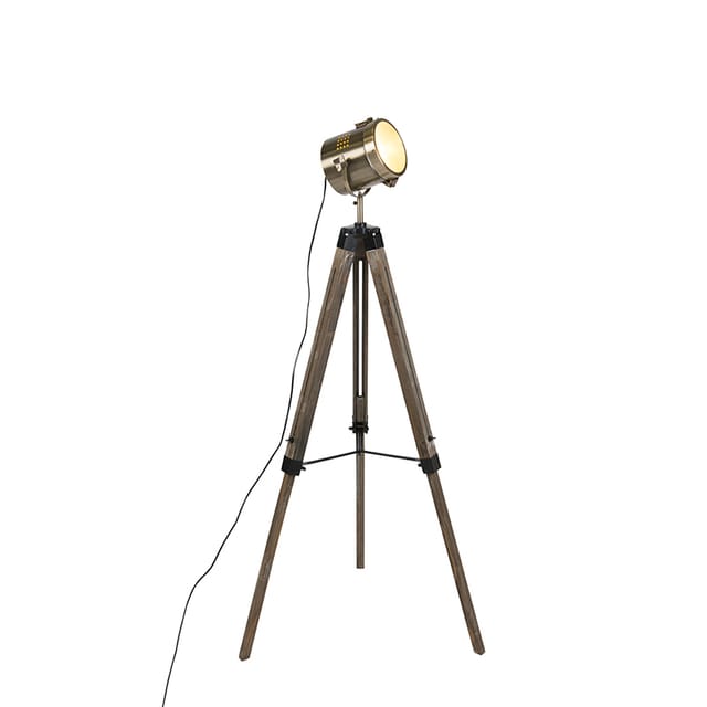 Industrielle Stehlampe Aus Holz Mit Stativ Und Studiostrahler – Braha