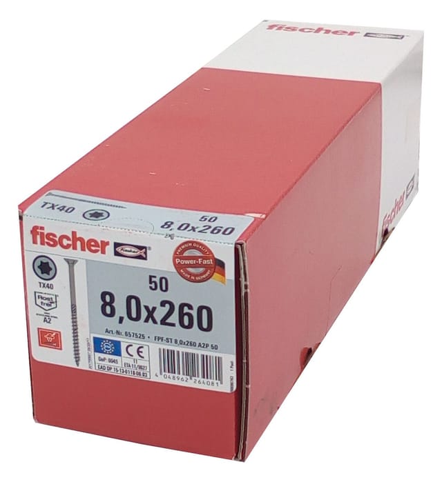 Fischer - 50x Holzschraube 8,0x260 Edelstahl A2 Tx Senkkopf Teilgewinde Schraube