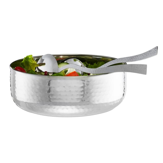 Relaxdays Salatschüssel Set, 3-teilig Mit Salatbesteck 30 Cm, Edelstahl, Spülmaschinenfest, Runde Schale ∅ 28 Cm, Silber