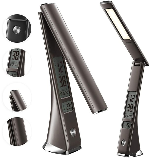 Trade Shop - Schreibtischlampe Led-licht 3 Intensitäten 5w Schwarzes Öko-leder Lcd-display Uhr -