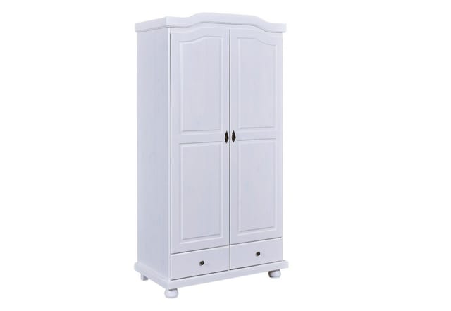 Zweitüriger Kleiderschrank Mit Zwei Schubladen In Kiefer Massiv, Farbe Weiß, 104 X 200 X 56 Cm.
