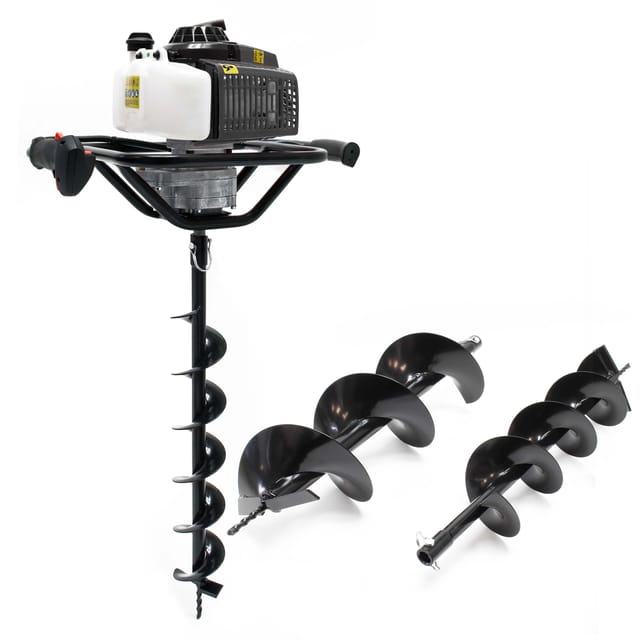 Wiltec Set Benzin Erdlochbohrer Mit 100, 150, 200 Mm Bohrschnecke, 2,2 Kw 3 Ps 63,3ccm Pfahlbohrer Pflanzenbohrer