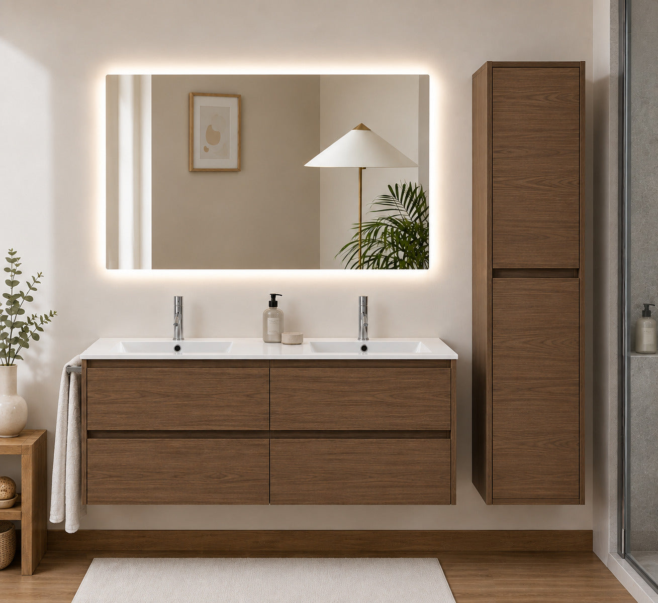 Badmöbel-set Ibiza Quattro Ohne Spiegel Mit Waschbecken, – Tea-esche Mit Hochschrank