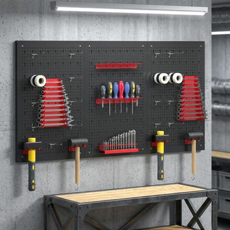 Wandregal Für Werkstatt 60 X 40 Cm – Set Aus 3 Perforierten Stahlplatten, Schwarz/rot, Mit 28 Aufbewahrungszubehörteilen